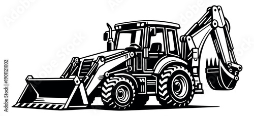 Graphic illustration of a backhoe loader depicting heavy construction equipment for industrial projects