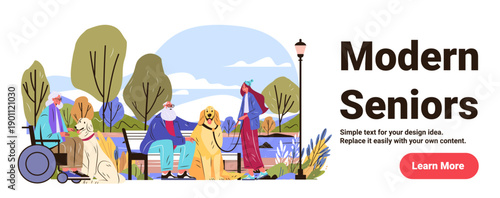 Modern seniors active lifestyle elderly people outdoors walking dogs wheelchair park nature colorful landscape website banner