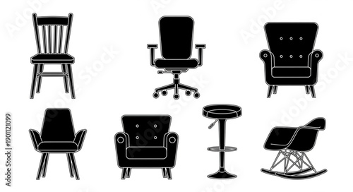 Collection of diverse chair silhouettes on white background.