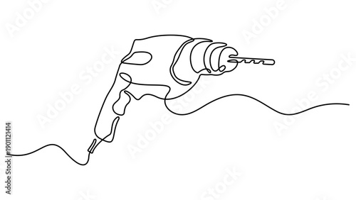 Continuous one line drawing of Hand Portable Drilling Machine. Electric hand drilling machine outline drawing. Drilling Machine line art drawing vector illustration