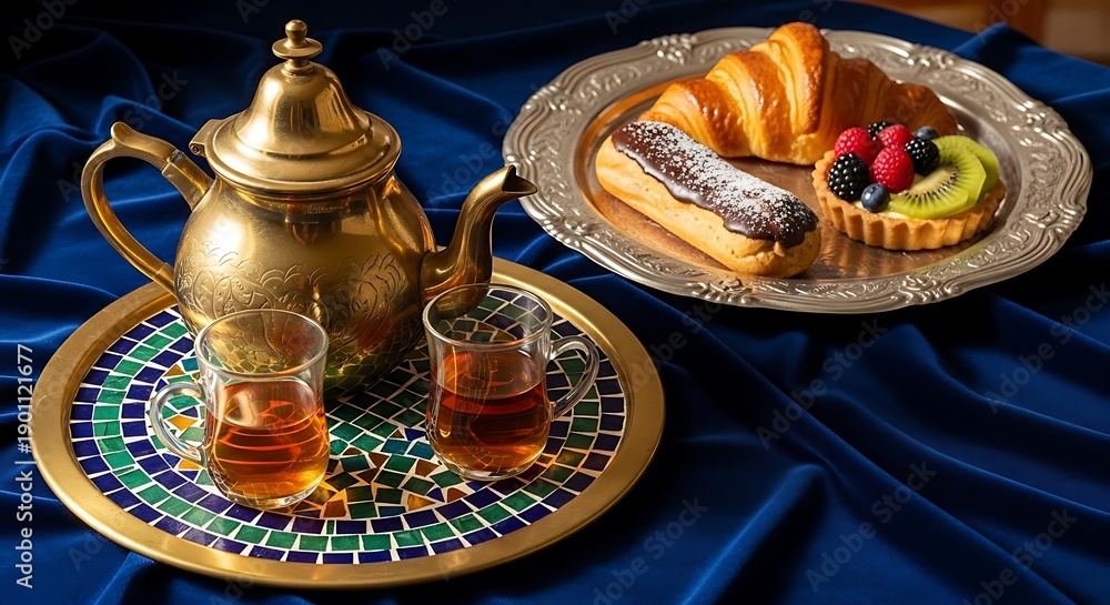 Fototapeta premium Luxurious Tea Service with Pastry on Ornate Tray and Plate arabic maghreb ramadan