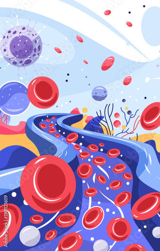 Red blood cells virus bacteria bloodstream infection anatomy flowing microscopic medical diagram colorful abstract background