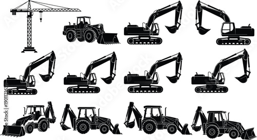 Set of heavy construction machinery silhouettes including tower cranes excavators wheel loaders and backhoes for industrial building site vector graphics.