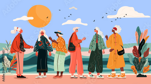 Group of senior women travelers outdoor adventure landscape sunset stylish clothing nature plants birds clouds hills colorful design