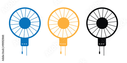 Three colorful wall mounted fans in blue, yellow, and black