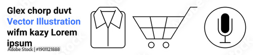 E-commerce, retail, communication, online shopping, tech applications, fashion promotion. Minimalist icons displaying a shirt, shopping cart and microphone. E-commerce and retail focus