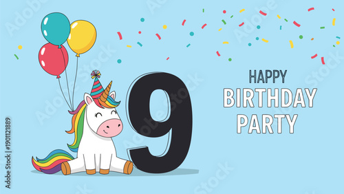 Vibrant happy birthday party banner for a 9-year-old, featuring a cute unicorn, colorful balloons, and festive confetti on blue.
