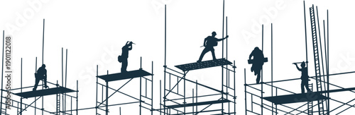 Construction workers silhouettes on scaffolding framework showing building structure assembly teamwork activities isolated on white background vector illustration