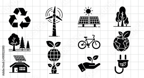 Eco friendly icons for sustainable living and green energy solutions