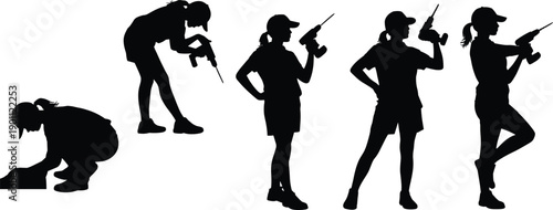 Female construction worker silhouettes set showing action poses using power drill tools isolated on white background vector illustration