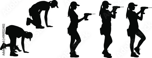 Female construction worker silhouettes showing action sequence with power drill tools isolated on white background vector illustration design
