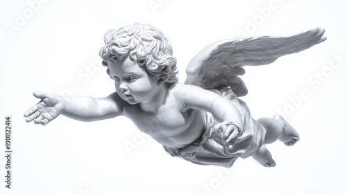 A white angel statue with wings is flying in the air