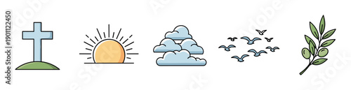 Set of Christian religious symbols including a cross, rising sun, clouds, flying doves, and an olive branch in a simple colored line art illustration style