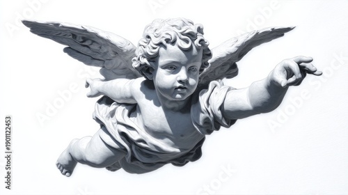 A white angel statue with wings is flying in the air