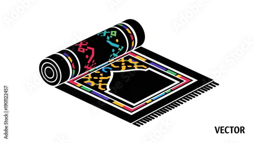 Colorful islamic prayer mat with intricate patterns unrolled on a white background vector illustration
