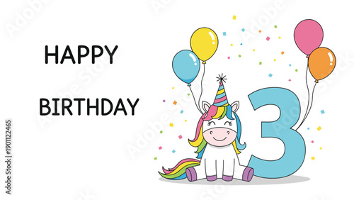 Vibrant happy birthday party banner for a 3-year-old, featuring a cute unicorn, colorful balloons, and festive confetti.