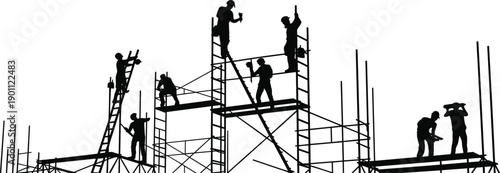 Construction workers silhouettes on scaffolding ladders assembling building framework teamwork activities isolated on white background vector illustration