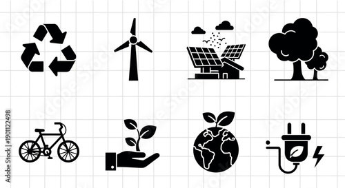Eco friendly icons for sustainable living and green technology solutions