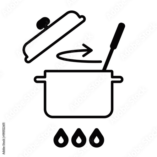 鍋をかき混ぜる調理工程のシンプル線画イラスト