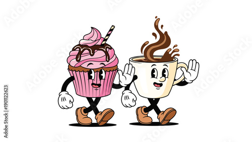Delightful retro cartoon cupcake and coffee cup characters walking together, featuring happy faces and playful expressions.