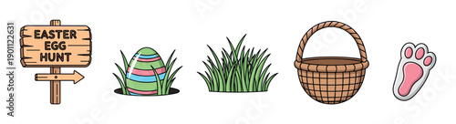 Set of cartoon Easter hunt illustrations including a wooden sign, a colorful egg in the grass, a wicker basket, and a bunny paw print for a festive spring holiday celebration