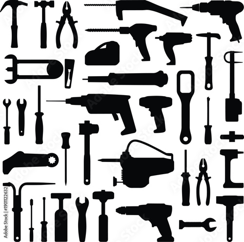 Hand and power tools icon set with hammer drill wrench pliers equipment symbols isolated on white background vector design