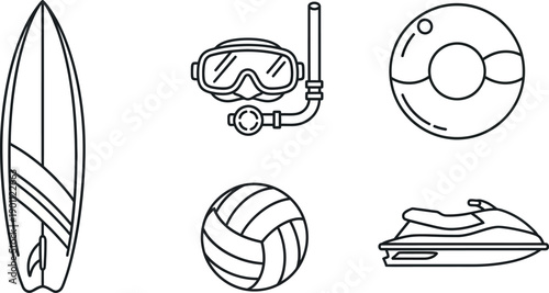 Beach vacation icons including surfboard, snorkeling gear, volleyball, and jet ski