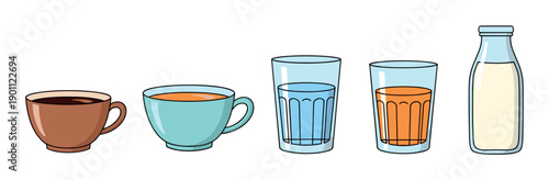 Various refreshing beverages in different containers are lined up, showcasing a diverse selection of liquids for hydration and enjoyment.