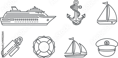 single line art illustration of sea transportation and its assessors.