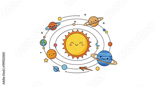 Adorable cartoon solar system illustration with cute planets orbiting a smiling sun, depicting space and astronomy for children.