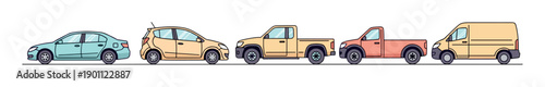 Collection of various colorful cartoon vehicles including a sedan, hatchback, pickup trucks, and a delivery van shown in a simple flat vector illustration style from a side view