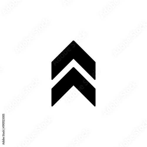 Black double chevron arrow icon pointing upwards, symbolizing scroll up, expand, or upload functionality in a digital user interface, isolated on a transparent background.