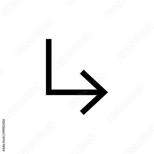 Black L-shaped arrow icon indicating a turn or specific direction to the right, suitable for user interface navigation, flowcharts, or digital instructions, isolated on a transparent background.