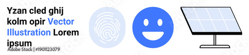 Identity verification, clean energy, digital communication, eco-friendly solutions, renewable energy, online services. Fingerprint next to a happy face and solar panel. Identity verification