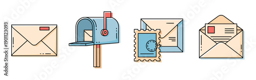Set of mail and correspondence icons including an open mailbox with a letter, sealed and open envelopes, and a postage stamp in a modern flat line art illustration style