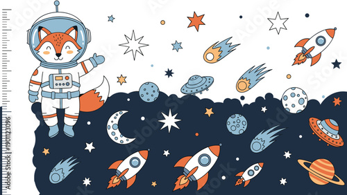 Children's growth chart featuring a cute fox astronaut in space, surrounded by planets, rockets, and stars on a cosmic background.