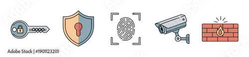 Set of security and protection line icons with color, including a password key, shield with keyhole, fingerprint scanner, CCTV camera, and firewall symbol
