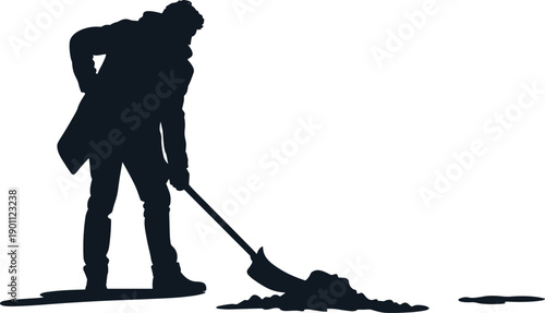 Manual labor worker silhouette digging ground with shovel symbolizing construction excavation hard work isolated on white background vector illustration