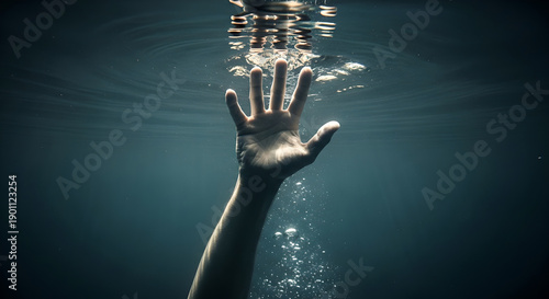 Drowning, Underwater view of a hand reaching toward the surface