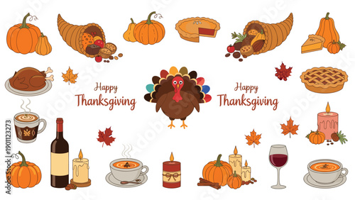 Extensive collection of Thanksgiving-themed illustrations, including a roasted turkey, pumpkins, pies, cornucopias, and fall beverages.