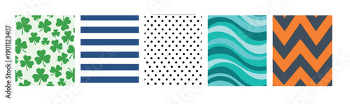 Collection of five colorful seamless patterns including a green shamrock print, classic blue stripes, black polka dots, abstract teal waves, and a bold orange chevron design
