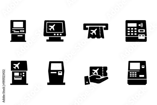 Airport kiosk icons for ticketing and boarding functions