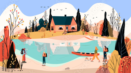Travel adventure nature landscape people hiking lake cabin autumn forest trees mountains colorful outdoor scene template