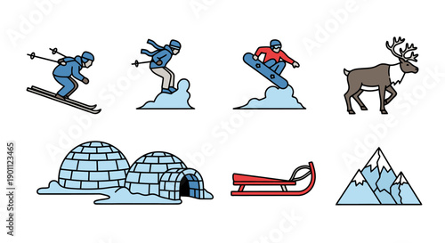 Skiers and snowboarder in action on icy slopes with igloo, sled, caribou, and snowy mountains in the background