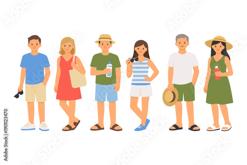 Diverse group of people enjoying summer vacation outdoors, casual attire, accessories