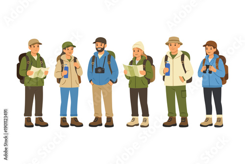Group of animated hikers with accessories and outdoor attire