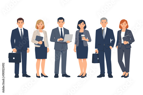 Diverse business professionals in formal attire with office equipment