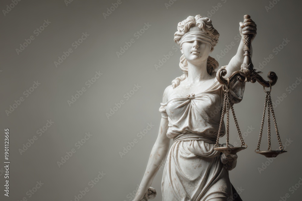 Obraz premium Statue of Lady Justice with blindfold and balance scales against a clean neutral background with ample copy space