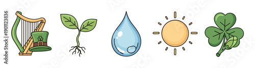 Various cartoon icons representing nature, weather, and Irish culture are neatly arranged in a horizontal row, perfect for diverse design projects.