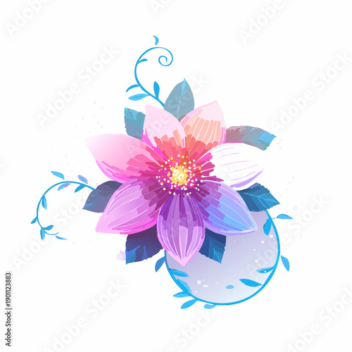 Artistic digital painting showcasing a stylized vibrant pink and purple blossom with swirling blue vines and abstract elements, evoking natural beauty